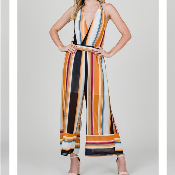 Pants - STRIPE PRINT HALTER OPEN BACK PALAZZO JUMPSUIT